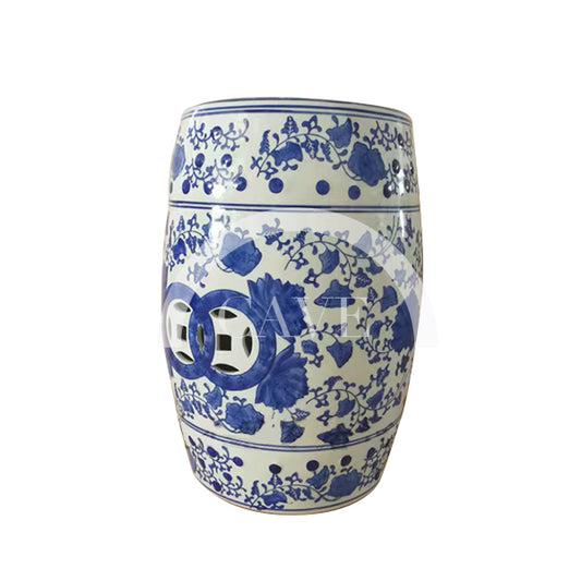 Khan Drum Stool with Imperial Indigo Blue Traditional Motif